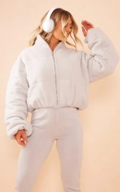 Prettylittlething Grey Marl Knitted Puffer Jacket Grey