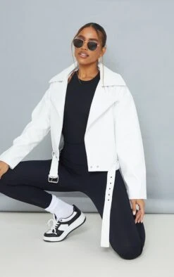 Prettylittlething White Faux Leather Relaxed Fit Belted Biker Jacket White