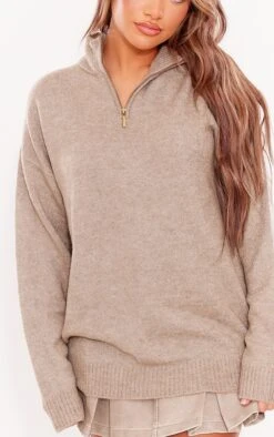Prettylittlething Taupe Knitted Slouchy Half Zip Sweater Taupe -Prettylittlething 8318c53418989f08c56ae8735cc42822d618dd4e cne6297 4