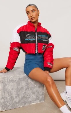 Prettylittlething Red Graphic Front Cropped Puffer Jacket Red