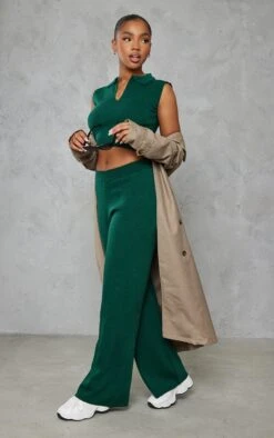 Prettylittlething Forest Green Knit Wide Leg Pants Forest Green