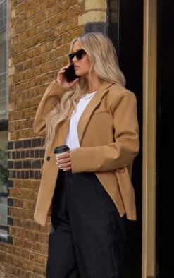 Prettylittlething Camel Wool Look Double Breasted Blazer Camel