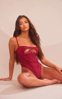 Prettylittlething Dark Red Cutout Bust Detail Mesh Paneling Bodysuit Dark Red
