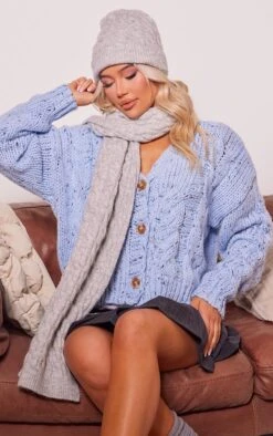 Prettylittlething Dusty Blue Space Dye Chunky Knit Cardigan Dusty Blue