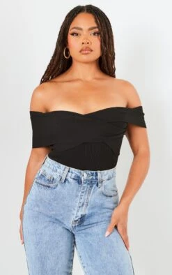 Prettylittlething Black Rib Knit Foldover Twist Bodysuit Black