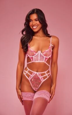 Prettylittlething Pink Embroidered Longline Underwired Lingerie Set Pink