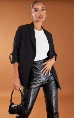 Prettylittlething Black Basic Turn Up Sleeve Blazer Black