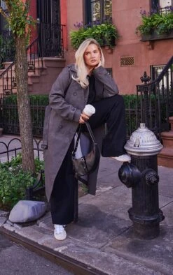 Prettylittlething Grey Distressed Faux Leather Double Breasted Belted Trench Coat Grey