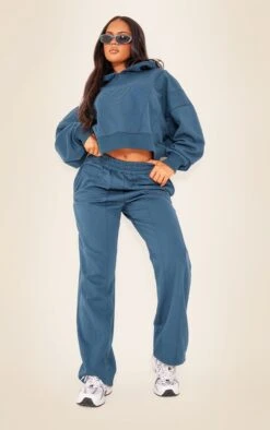 Prettylittlething Petrol Premium Panelled Straight Leg Sweatpants Petrol