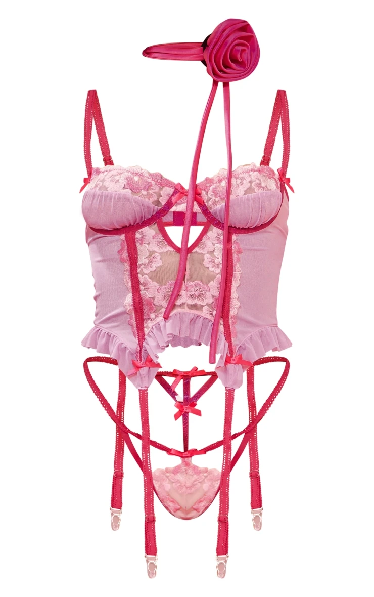 Prettylittlething Pink Embroidered Suspender Detail Corset Set Pink 5 Prettylittlething Pink Embroidered Suspender Detail Corset Set Pink - Image 5