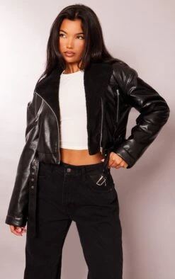 Prettylittlething Black Borg Lined Biker Jacket Black