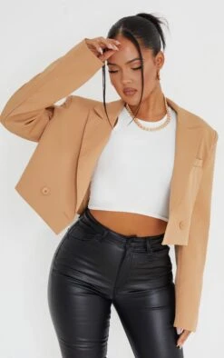Prettylittlething Camel Woven Cropped Shoulder Padded Blazer Camel