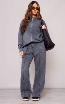 Prettylittlething Charcoal Washed Seam Detail Straight Leg Sweatpants Charcoal