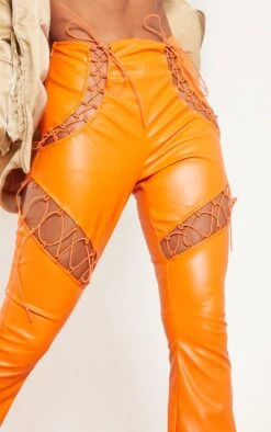 Prettylittlething Bright Orange Lace Up Faux Leather Cut Out Detail Flared Pants Bright Orange -Prettylittlething 8d039316800ccef8f916f44deff528ba3b2d85a5 CMZ7556 4
