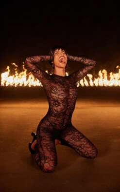 Prettylittlething Black Lace All In One Gloves Body Stocking Black