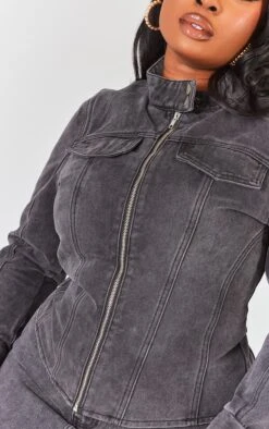 Prettylittlething Plus Washed Black Zip Up Fitted Denim Jacket Washed Black -Prettylittlething 8d6686e5fc1b08bac38105c9f07f6bc5da16a7c1 cng2652 4