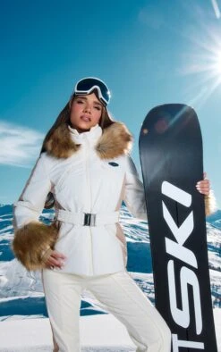 PRETTYLITTLETHING SKI Cream Faux Fur Trim Belted Puffer Coat Cream