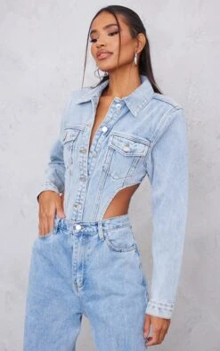Prettylittlething Light Blue Wash Pocket Front Denim Jacket High Side Bodysuit Light Blue Wash