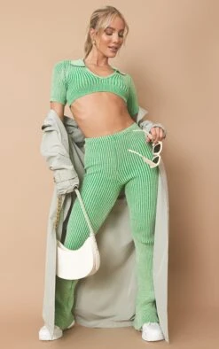 Prettylittlething Sage Two Tone Wide Leg Knit Pants Sage