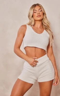 Prettylittlething Cream Teddy Knit Bralet Cream