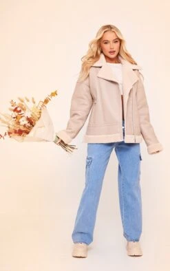 Prettylittlething Beige Faux Leather Borg Lined Biker Detail Aviator Jacket Beige -Prettylittlething 919187dc14ac00bdc600dbfa55cdad64786abe8d cnf1358 3