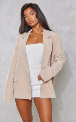 Prettylittlething Stone Double Breasted Oversized Boxy Fit Blazer Stone