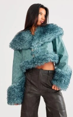 Prettylittlething Teal Textured Look Faux Mongolian Fur Faux Leather Jacket Teal -Prettylittlething 9487bf8e2980d258cdda991ff3428163b6f2fe5b cnf8258 4