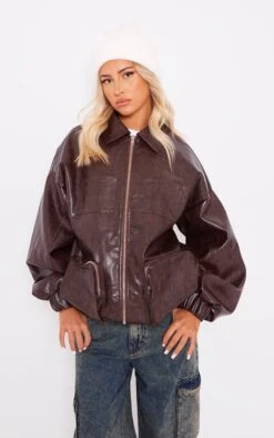 Prettylittlething Brown Textured Look Faux Leather Pocket Front Bomber Jacket Brown