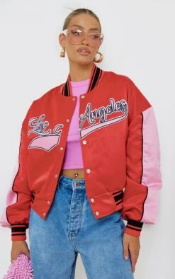 Prettylittlething Red LA Graphic Front Contrast Satin Bomber Jacket Red