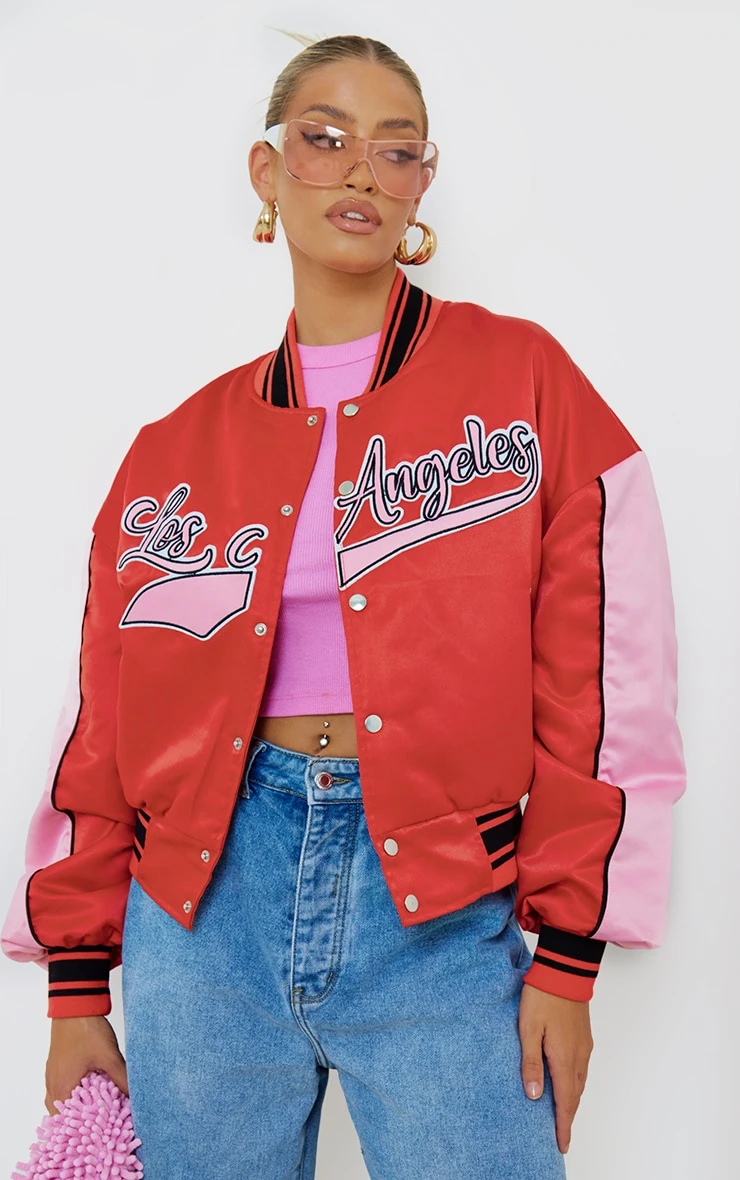 Prettylittlething Red LA Graphic Front Contrast Satin Bomber Jacket Red 1 Prettylittlething Red LA Graphic Front Contrast Satin Bomber Jacket Red
