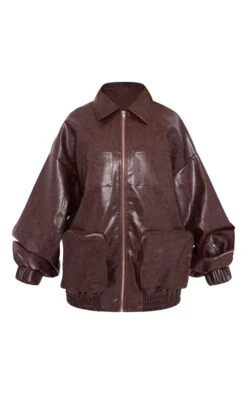 Prettylittlething Brown Textured Look Faux Leather Pocket Front Bomber Jacket Brown -Prettylittlething 97311c587e940c09eeed3c4455010ac5169eb470 cnf7828 5