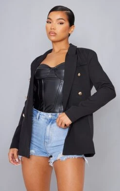 Prettylittlething Black Woven Double Breasted Military Style Blazer Black