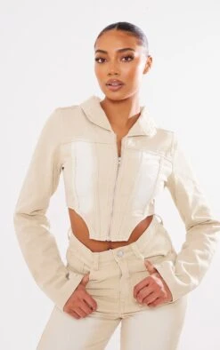 Prettylittlething Tall Washed Stone Denim Zip Up Jacket Washed Stone