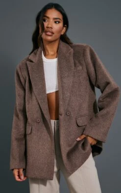 Prettylittlething Chocolate Textured Wool Look Oversized Blazer Chocolate