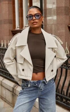 Prettylittlething Stone Detachable Hem Faux Leather Trench Coat Stone -Prettylittlething 99a9e3bc0870dd1d82134b71bbdf23fd39d4b07e cnf1383 3