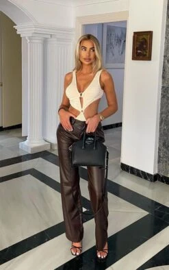 Prettylittlething Chocolate Faux Leather Pleat Detail Wide Leg Pants Chocolate