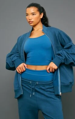 Prettylittlething Petrol Premium Tonal Print Zip Through Panelled Track Top Petrol