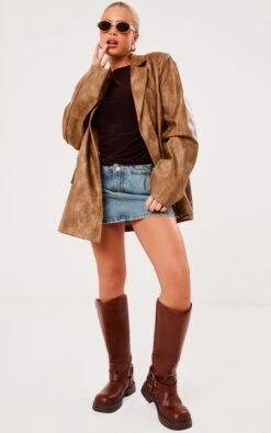 Prettylittlething Brown Distressed PU Oversized Shoulder Pad Blazer Brown -Prettylittlething 9a9f85c74be2d55d6a4b53b64f8af6c56710b8a8 cnh0233 3