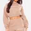 PRETTYLITTLETHING Mocha Logo Oversized Cinched Cropped Sweatshirt Mocha