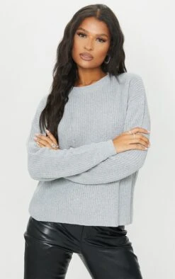 Prettylittlething Grey Basic Crew Neck Knit Sweater Grey