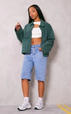 Prettylittlething Forest Green Zip Up Denim Jacket Forest Green -Prettylittlething 9be9fad415adad869f6521fa563f33d66c8af74d cnf7845 3