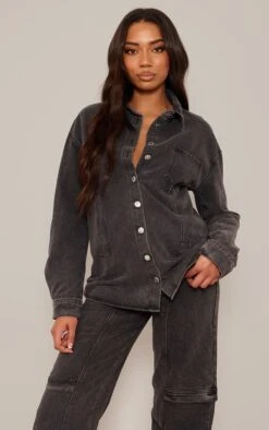 Prettylittlething Tall Washed Black Long Sleeve Denim Jacket Washed Black