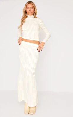 Prettylittlething Cream Rib Knit Turtleneck Top And Maxi Skirt Set Cream