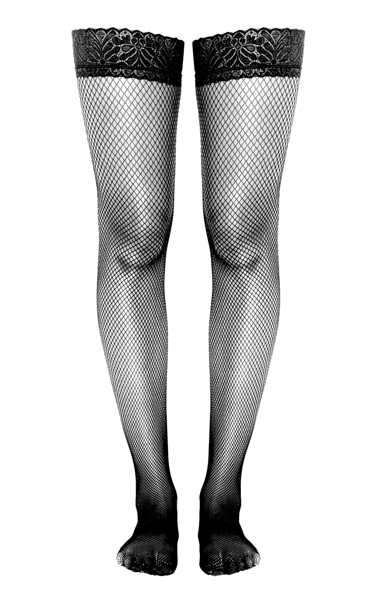Prettylittlething Black Lace Top Fishnet Hold Up Stockings Black 4 Prettylittlething Black Lace Top Fishnet Hold Up Stockings Black - Image 4