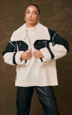 Prettylittlething Black Borg Lined Panelled Cropped Aviator Black