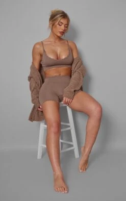 Prettylittlething Mocha Seamless Rib Lace Trim Boy Shorts Mocha