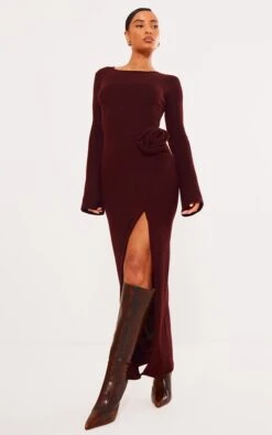 Prettylittlething Chocolate Brushed Rib Corsage Detail Maxi Dress Chocolate.