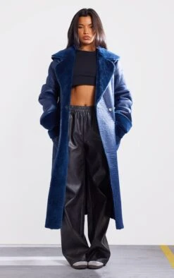 Prettylittlething Petrol Blue Bonded PU Maxi Belted Coat Petrol Blue