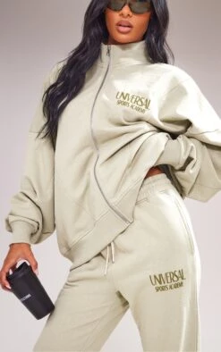 Prettylittlething Sage Green Premium Tonal Print Zip Through Panelled Track Top Sage Green