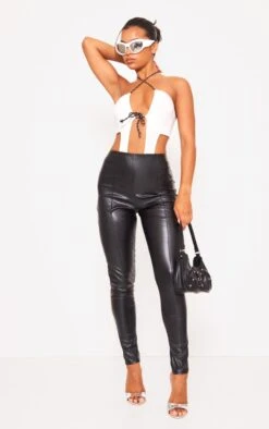 Prettylittlething Black Faux Leather Pintuck Detail Leggings Black
